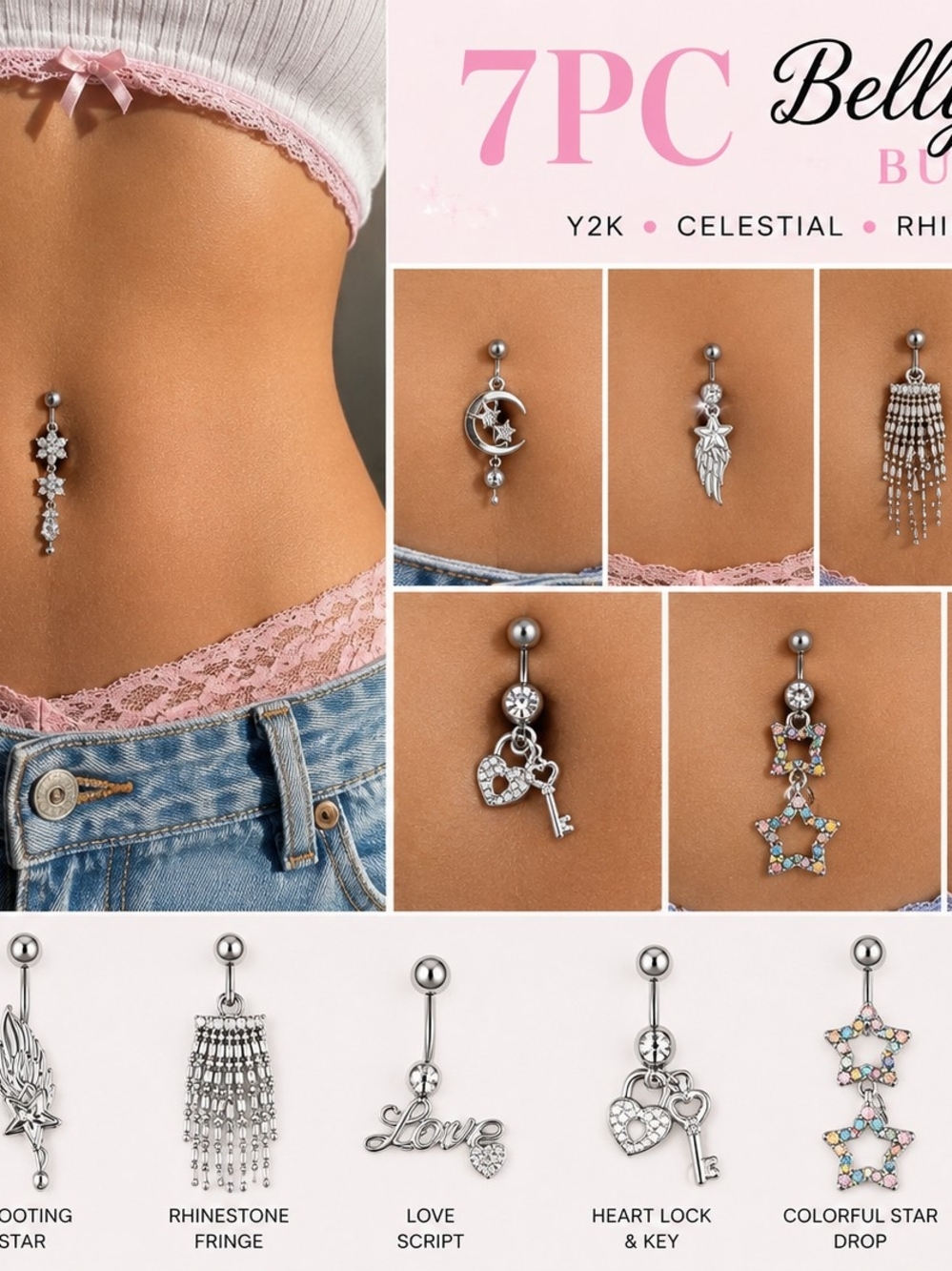 ✨️7PC Belly Ring Bundle Y2K Celestial Rhinestone Navel Piercing Jewelry Lot ✨️